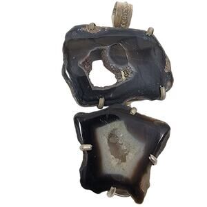 Handmade Silver Pendant with Raw Black Agate Druzy Slices in Sterling Setting